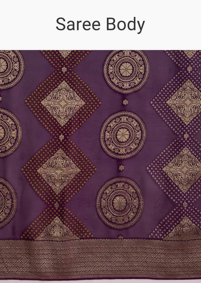 Wine Khadhi Georgette Saree With Geometric Motifs In Zari Work