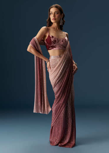Wine Ombre Pre Pleated Saree With Sequins And Velvet Blouse