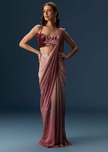 Wine Ombre Pre Pleated Saree With Sequins And Velvet Blouse