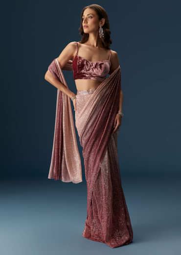 Wine Ombre Pre Pleated Saree With Sequins And Velvet Blouse