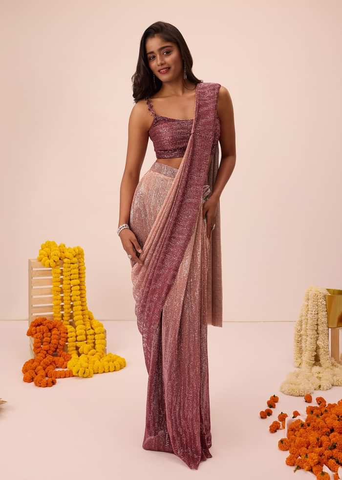 Wine Ombre Sequin Pleated Saree With Cowl Blouse