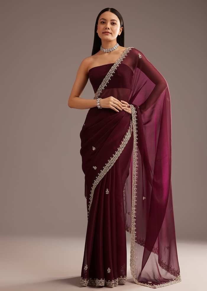 Wine Organza Saree With Cutdana And Sequins Border