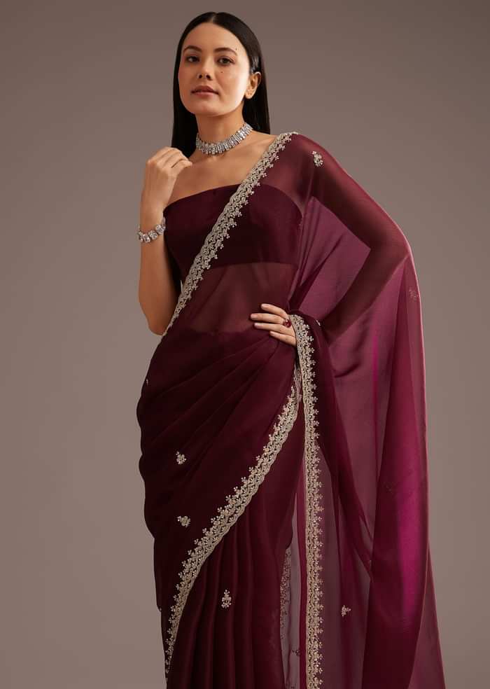Wine Organza Saree With Cutdana And Sequins Border