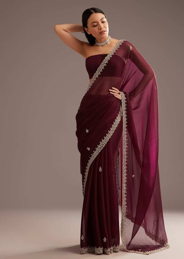 Wine Organza Saree With Cutdana And Sequins Border