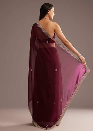 Wine Organza Saree With Cutdana And Sequins Border