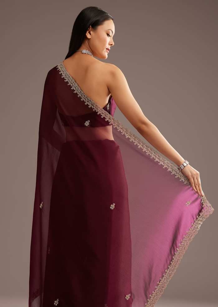 Wine Organza Saree With Cutdana And Sequins Border