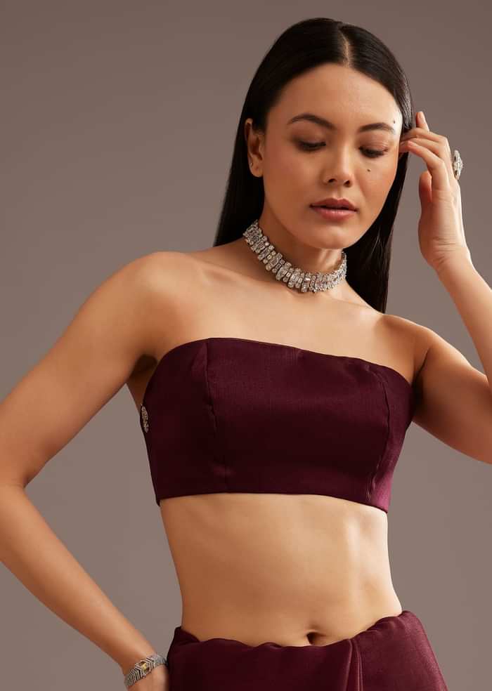 Wine Organza Saree With Cutdana And Sequins Border