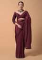 Maroon Saree In Chiffon With Scattered Moti Beads And Cut Dana Embellished Border Online - Kalki Fashion