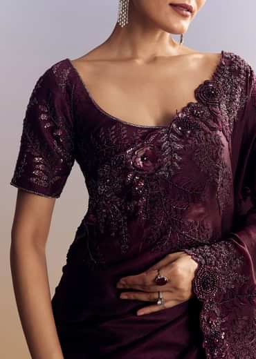 Wine Satin Saree With Heavy Floral Embroidery In Sequins And Cutdana
