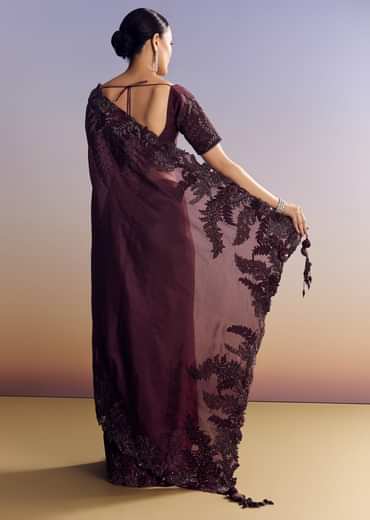Wine Satin Saree With Heavy Floral Embroidery In Sequins And Cutdana