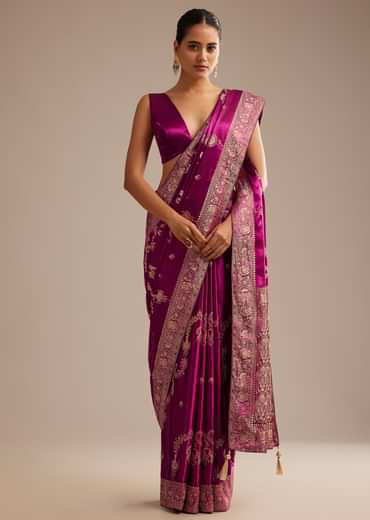 Wine Satin Saree With Zari Woven Work