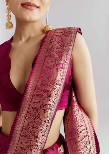 Wine Satin Silk Woven Saree With Heavy Zari Embroidery