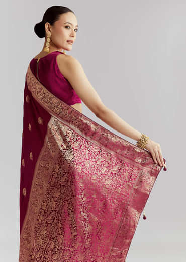 Wine Satin Silk Woven Saree With Heavy Zari Embroidery