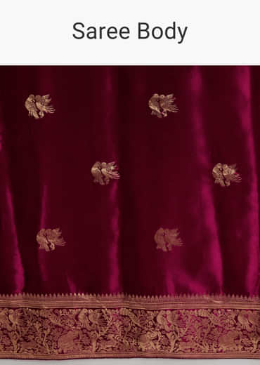 Wine Satin Silk Woven Saree With Heavy Zari Embroidery