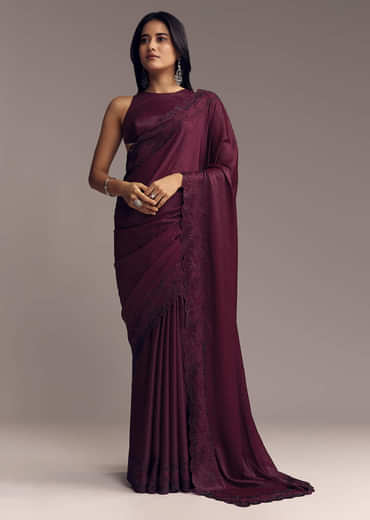 Wine Scallop Embellished Chinon Saree With Stones