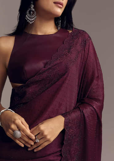 Wine Scallop Embellished Chinon Saree With Stones