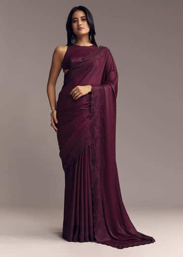 Wine Scallop Embellished Chinon Saree With Stones