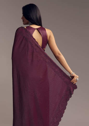 Wine Scallop Embellished Chinon Saree With Stones