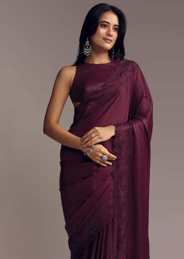 Wine Scallop Embellished Chinon Saree With Stones