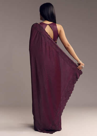 Wine Scallop Embellished Chinon Saree With Stones