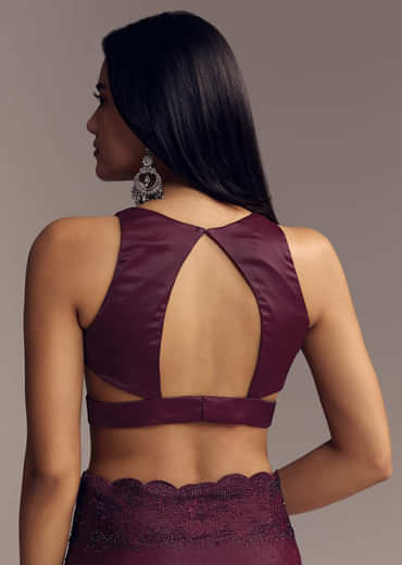 Wine Scallop Embellished Chinon Saree With Stones