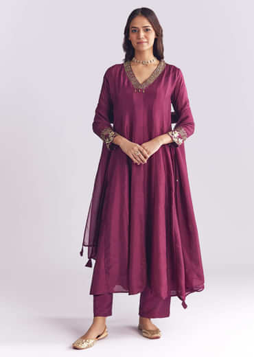 Wine Silk Anarkali Suit With Sequins And Cutdana Work