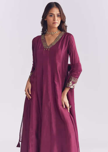 Wine Silk Anarkali Suit With Sequins And Cutdana Work