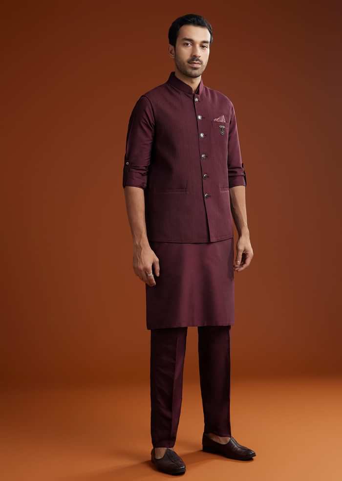 Wine Silk Kurta Jacket Set With Pintucks Detailing