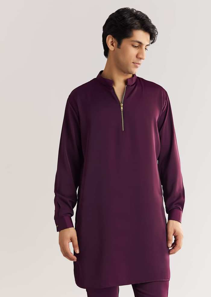 Wine Suiting Jacket Kurta Set With Metal Accents