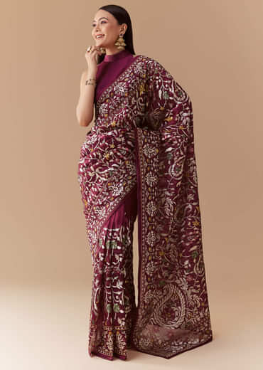 Wine Tissue Organza Embroidered Saree with Unstitched Blouse