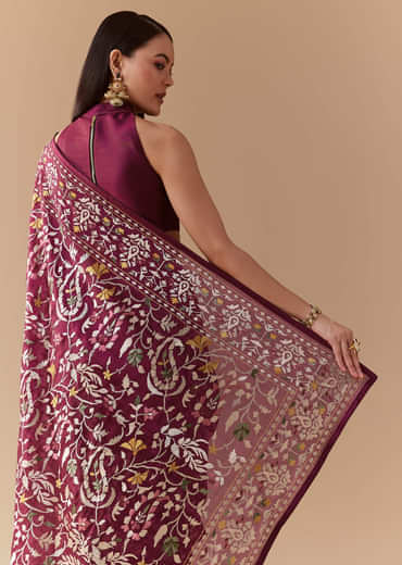 Wine Tissue Organza Embroidered Saree with Unstitched Blouse