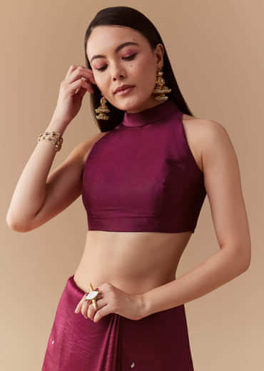 Wine Tissue Organza Embroidered Saree with Unstitched Blouse