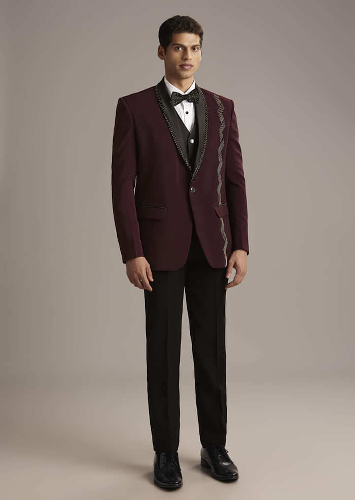 Wine Tuxedo For Men With Cutdana Embroidery