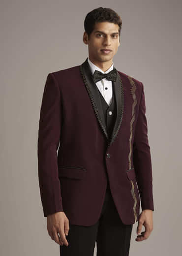 Wine Tuxedo For Men With Cutdana Embroidery