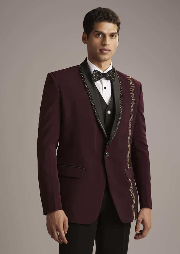 Wine Tuxedo For Men With Cutdana Embroidery