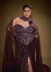 Wine Velvet Corset Set With Drape Skirt And Embroidered Cape