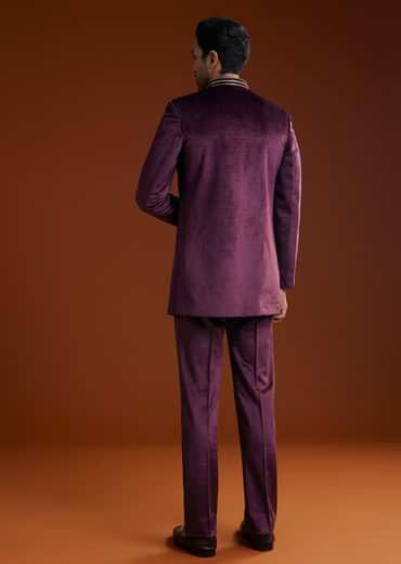 Wine Velvet Jodhpuri Kurta Trouser Set With Zari Embroidery