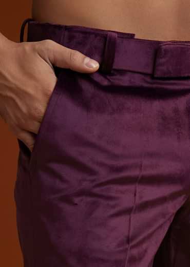 Wine Velvet Jodhpuri Kurta Trouser Set With Zari Embroidery