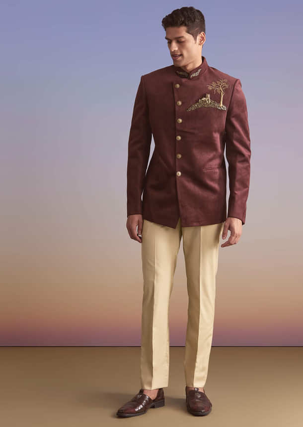 Wine Velvet Jodhpuri Suit For Men With Metal And Zari Embroidery Wine Velvet Jodhpuri Suit For Men With Metal And Zari Embroidery
