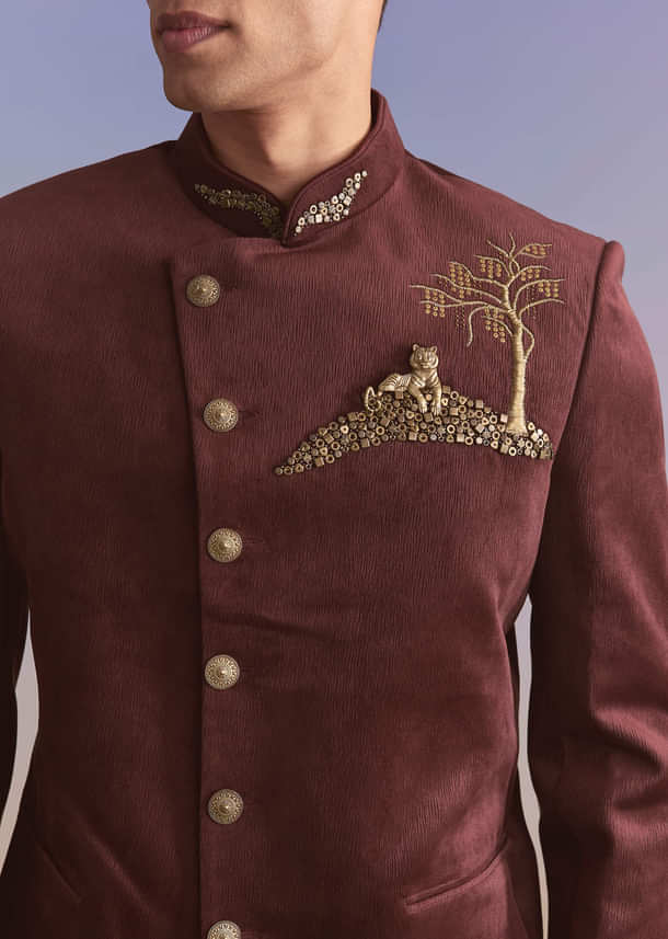 Wine Velvet Jodhpuri Suit For Men With Metal And Zari Embroidery Wine Velvet Jodhpuri Suit For Men With Metal And Zari Embroidery