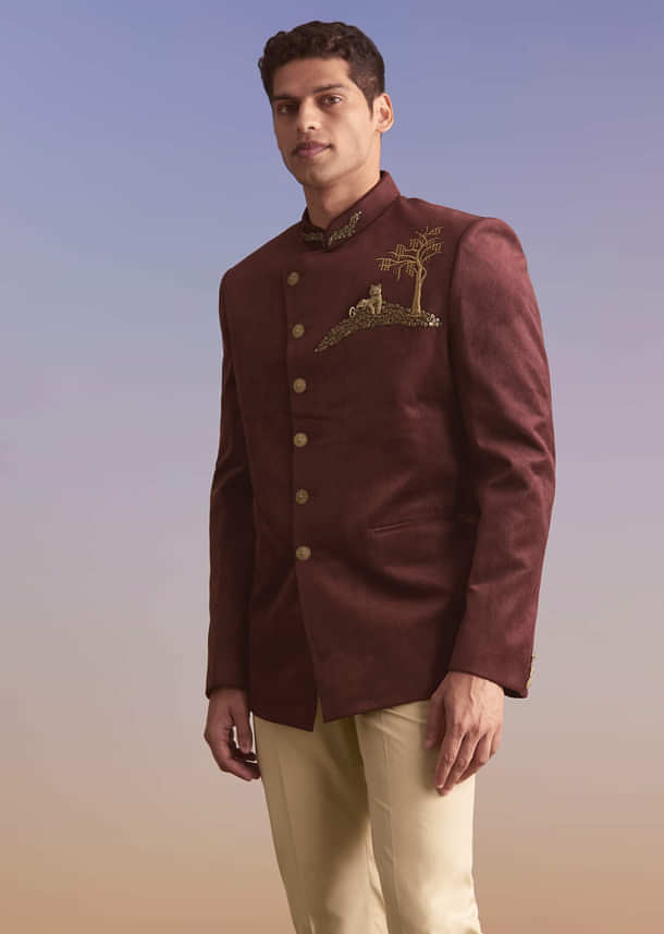 Wine Velvet Jodhpuri Suit For Men With Metal And Zari Embroidery Wine Velvet Jodhpuri Suit For Men With Metal And Zari Embroidery