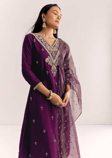 Wine Zardosi Work Dola Silk Kurta Suit With Organza Dupatta