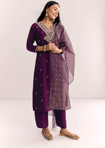 Wine Zardosi Work Dola Silk Kurta Suit With Organza Dupatta