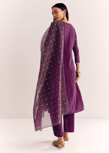 Wine Zardosi Work Dola Silk Kurta Suit With Organza Dupatta