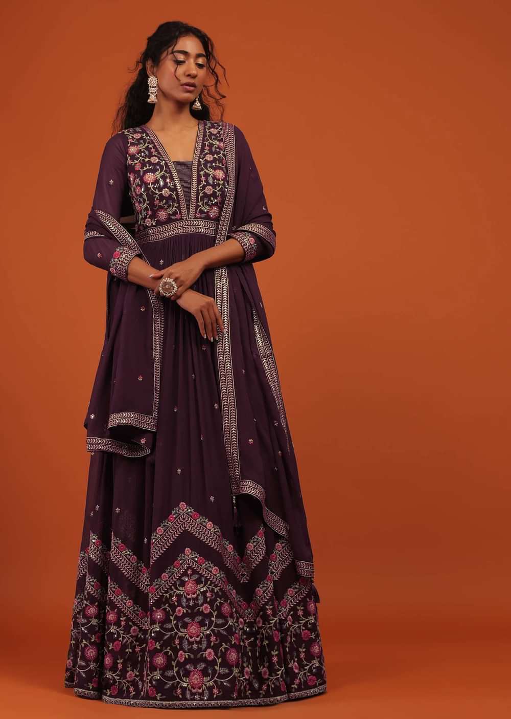 Wine Anarkali Suit Set In Georgette With A Floral Pattern