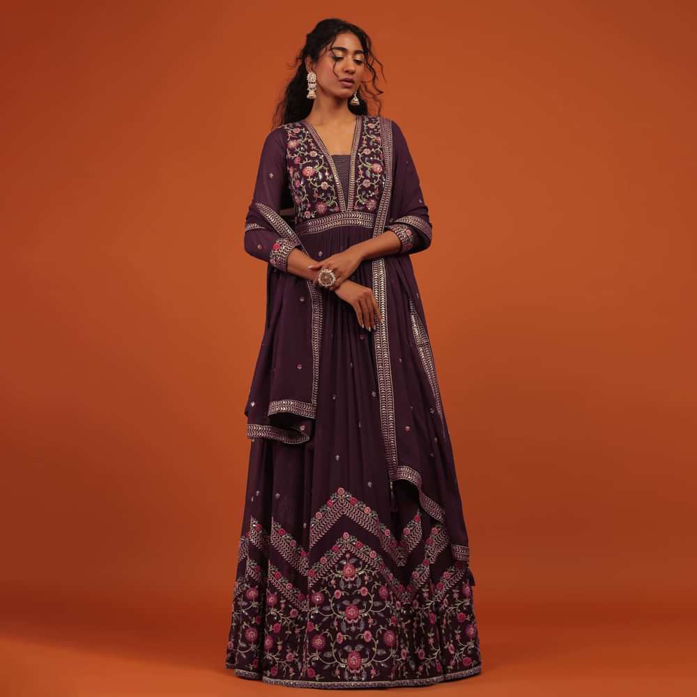 Wine Anarkali Suit Set In Georgette With A Floral Pattern