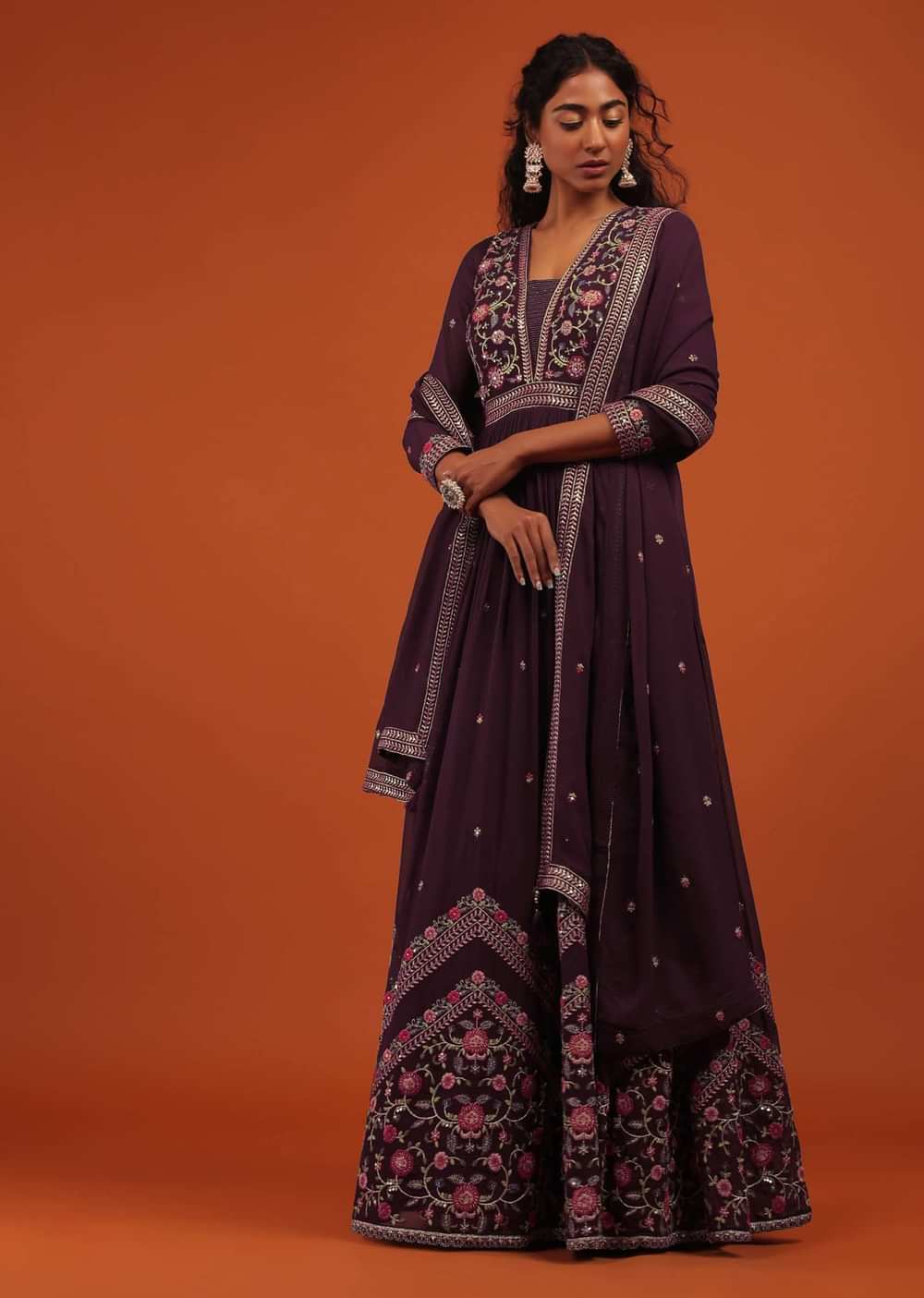 Wine Anarkali Suit Set In Georgette With A Floral Pattern