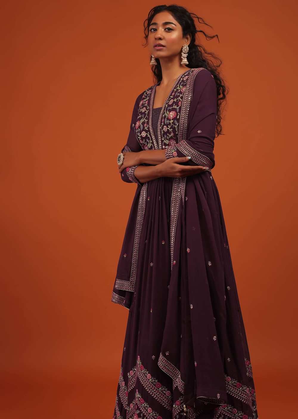 Wine Anarkali Suit Set In Georgette With A Floral Pattern