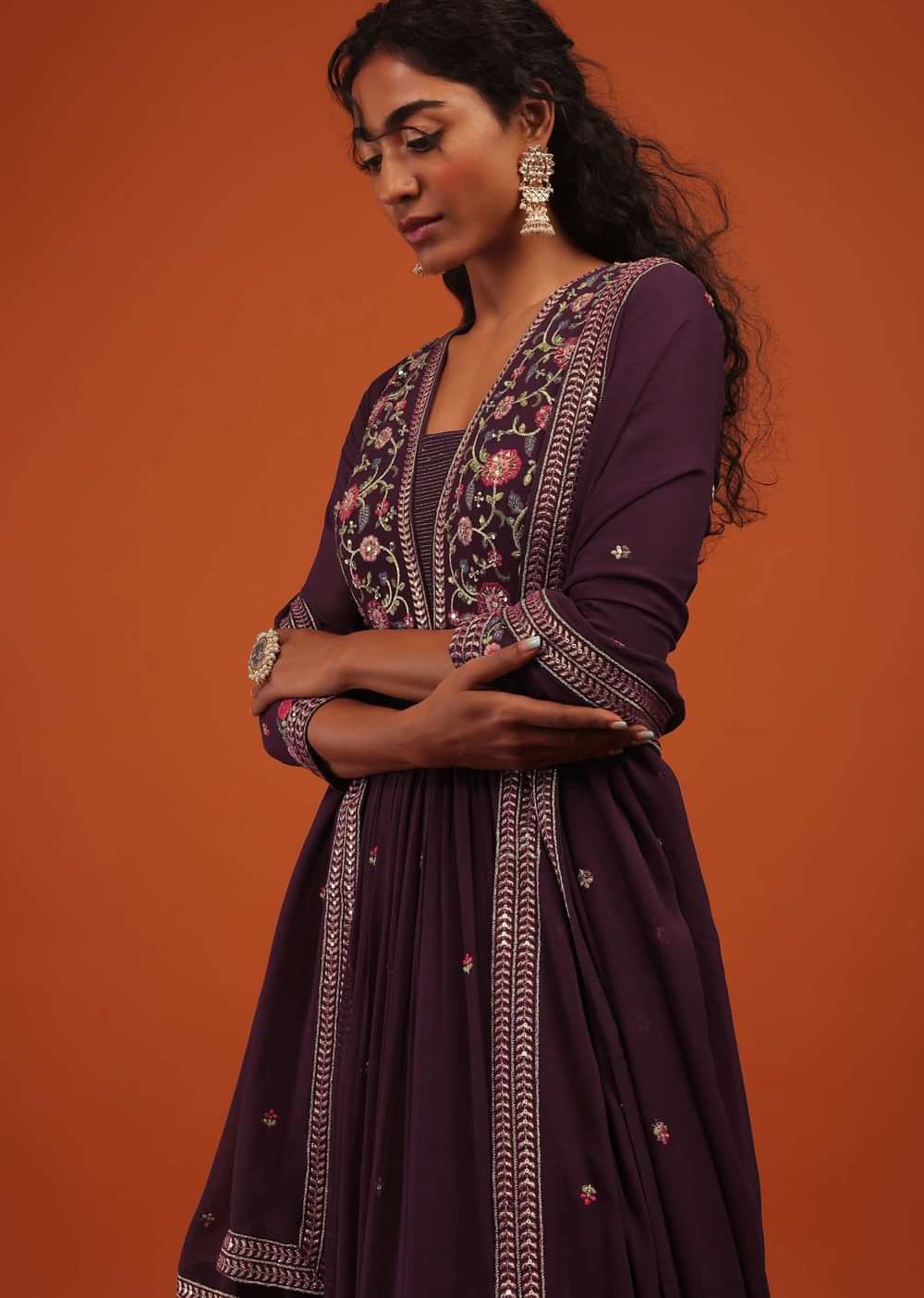Wine Anarkali Suit Set In Georgette With A Floral Pattern