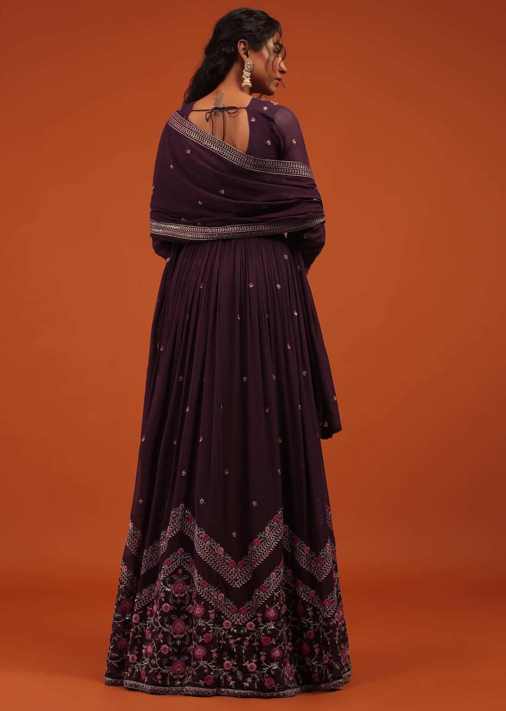 Wine Anarkali Suit Set In Georgette With A Floral Pattern